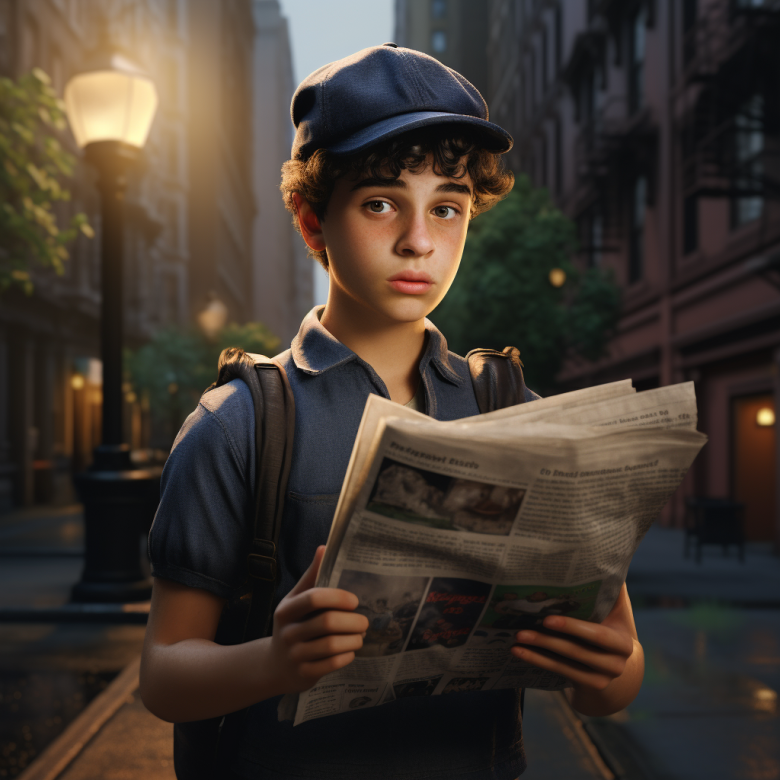 Newspaper boy shown on a street early in the morning