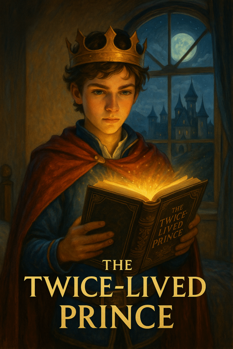 The twice-lived prince, a boy with a crown reading a book that is glowing